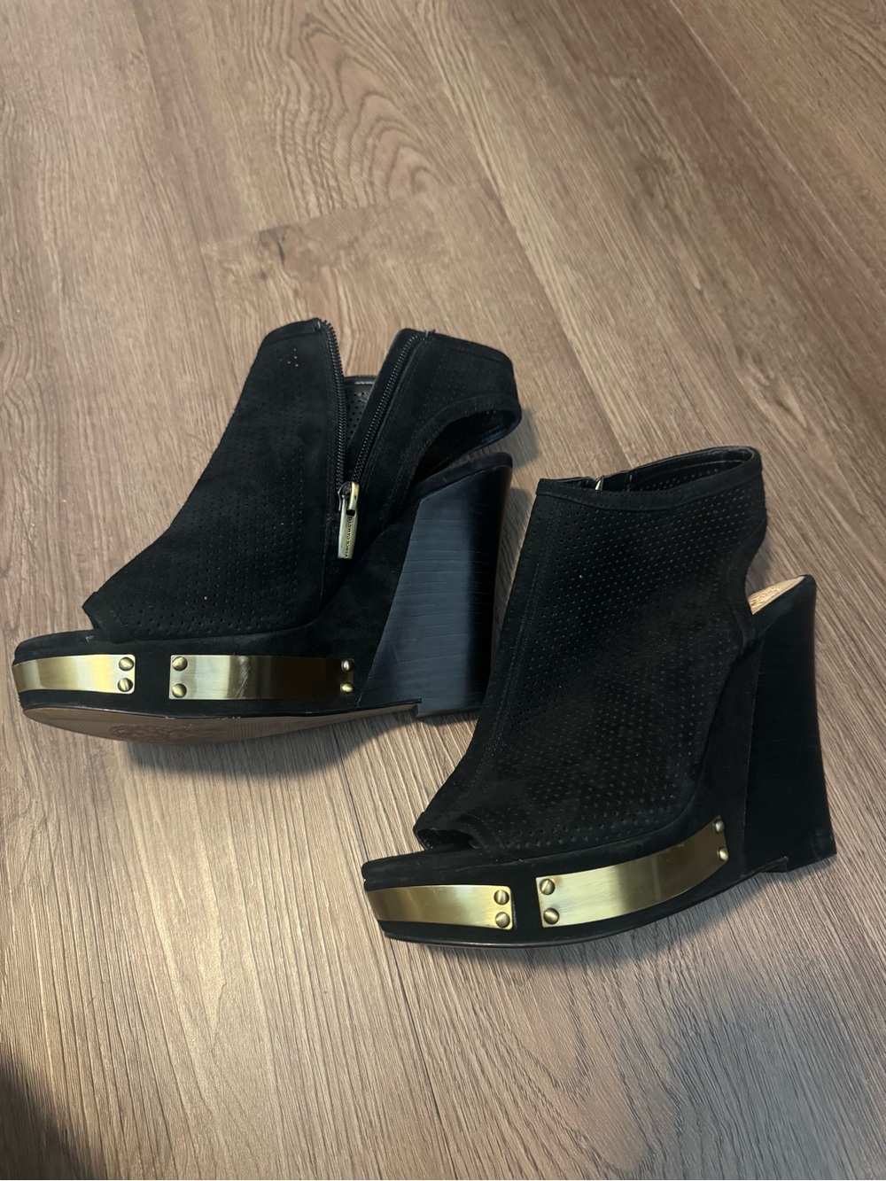 Vince Camuto Black Suede Open Toe/ Open Back Wedges